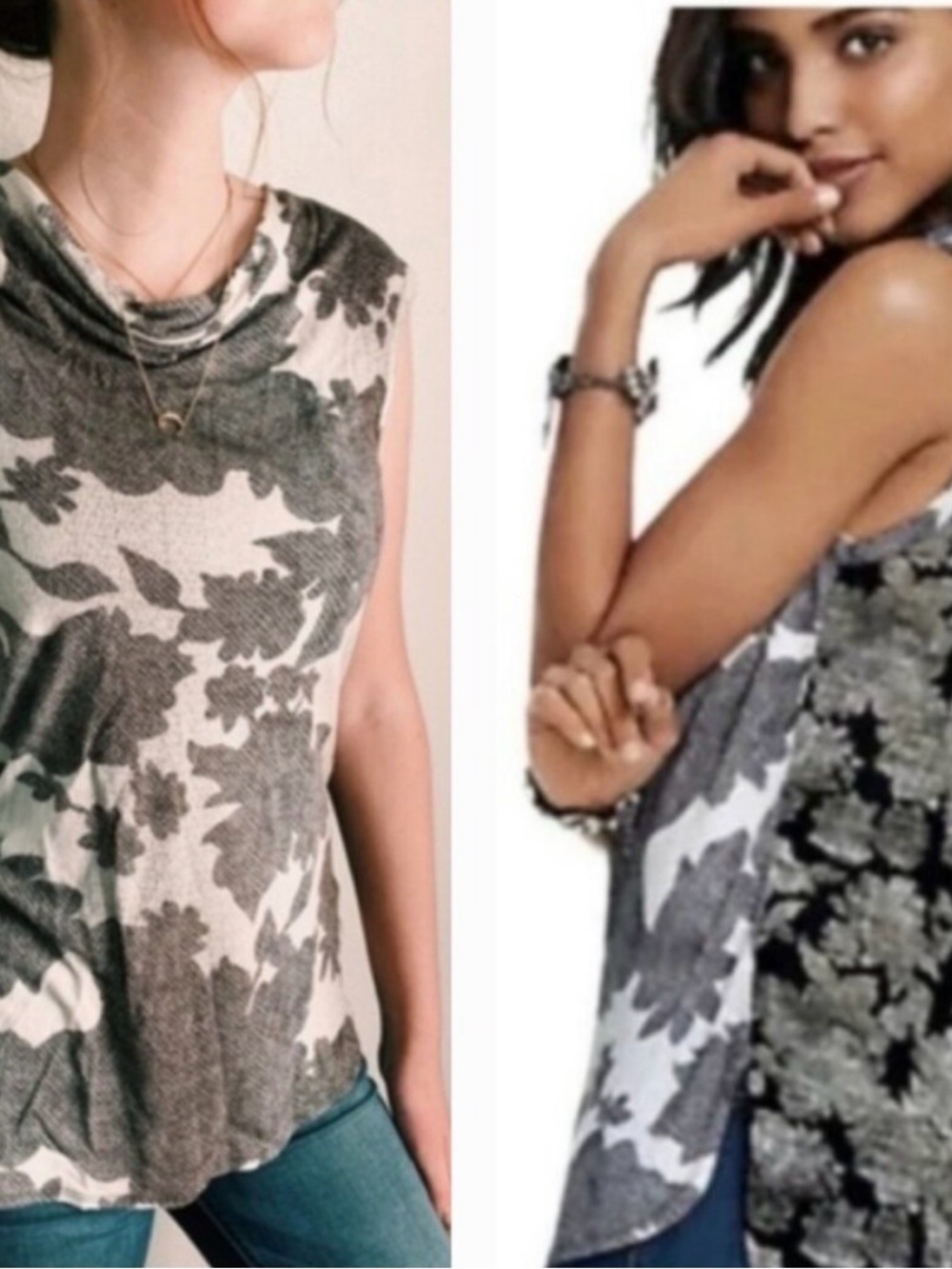 CAbi Floral Cowl Neck Sleeveless Top - Gray & Cream